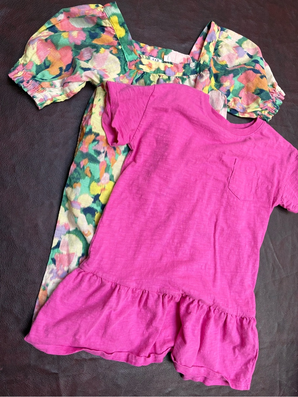 GAP Girls' Bright Pink Short Sleeve and Bright Floral Linen Dresses